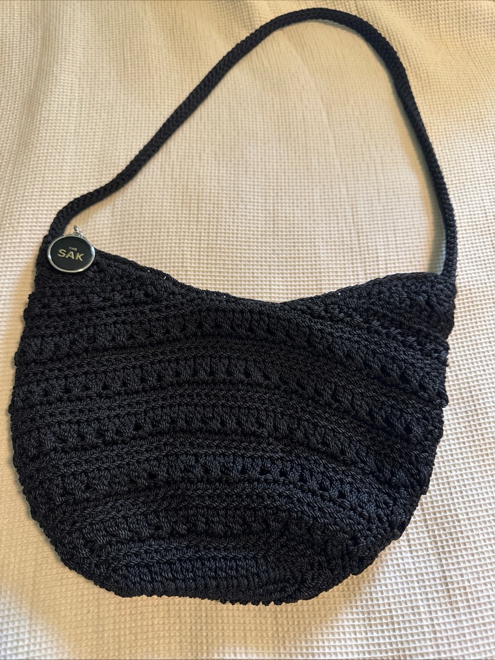 Black The Sak Crochet Knit Shoulder Bag Boho Y2K Hobo Purse Small